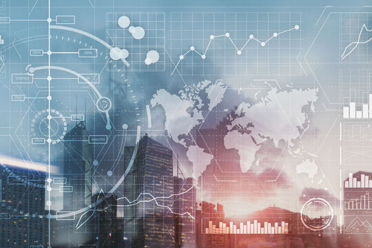 Data Analysis. Trading Control Panel on Virtual Screen Modern City Background. - Powered by Adobe