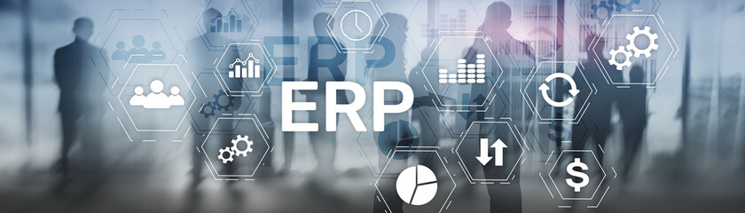 Online ERP system concept on abstract business mixed media background.