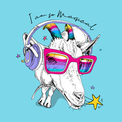 Fun Goat in a unicorn mask: rainbow glasses, colored horns and in a headphones. I am so Magical - lettering quote. Humor card, t-shirt composition, hand drawn style print. Vector illustration.