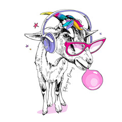 Fun Goat in a unicorn mask: pink glasses, rainbow horns, bangs. In a headphones. With a bubble gum. Humor card, t-shirt composition, hand drawn style print. Vector illustration.