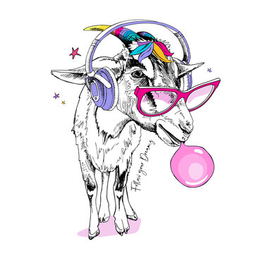 recommend clip art: Fun Goat in a unicorn mask: pink glasses, rainbow horns, bangs. In a headphones. With a bubble gum. Humor card, t-shirt composition, hand drawn style print. Vector illustration.