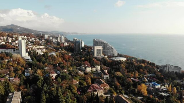 Aerial view of a residential area near the Black Sea. Sochi landscape.