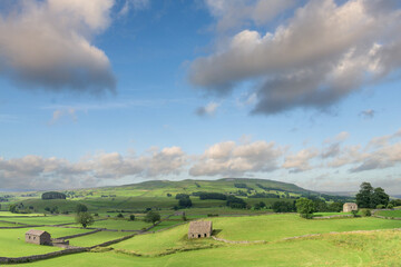 Fototapeta na wymiar Cotterdale, Yorkshire Dales National Park, York, England - A view of an old stone barn, sheep and the rolling landscape of the Yorkshire Dales.