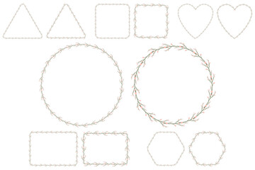 Simple branch with pink flower frame in beautiful style. Spring wedding invitation. Rose cherry blossom, vector design isolated. Six shapes wreath.