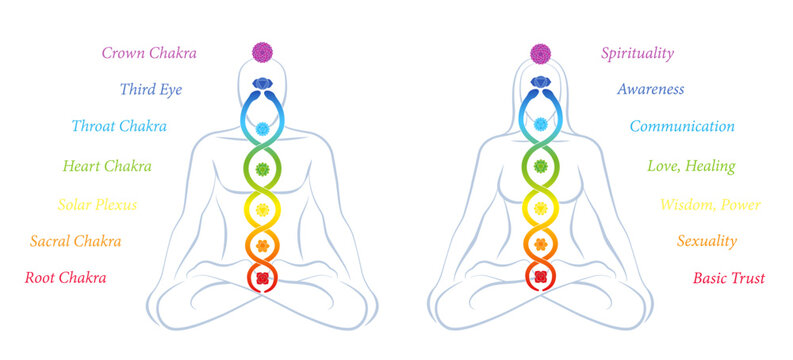 Kundalini meditaion. Love couple with kundalini serpent or coiled snake and seven main chakras with names and meanings. Isolated vector illustration on white background.
