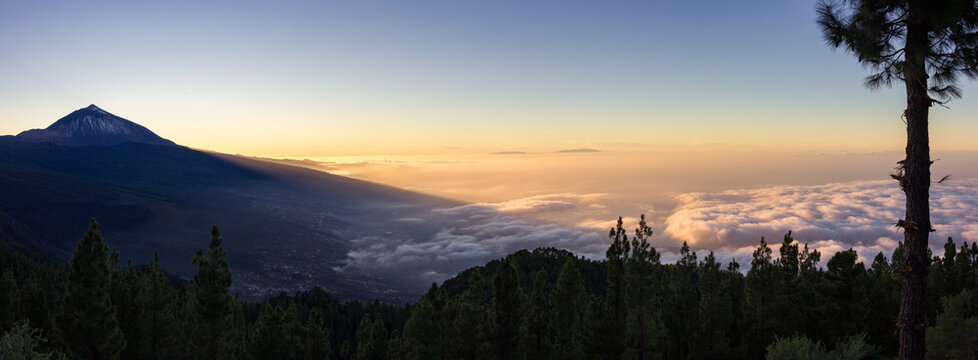 Sunset view of Teide mountain from Chipeque lookout in Tenerife (Spain)