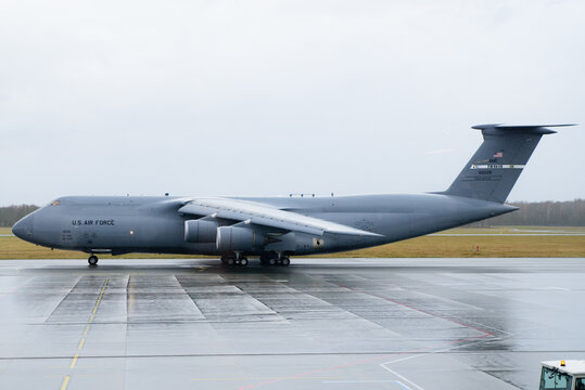 Wroclaw, Poland - March 12, 2020. The Lockheed C-5 Galaxy military transport aircraft of US Air force appeared in Copernicus airport of Wroclaw.