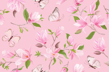 Watercolor magnolia floral seamless vector pattern. Butterflies, summer magnolia flowers, leaves