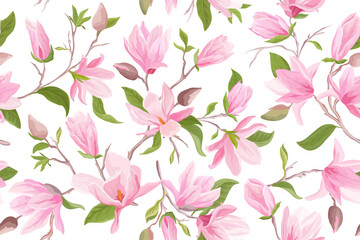 Magnolia watercolor floral seamless vector pattern. Magnolia flowers, leaves, petals, blossom background