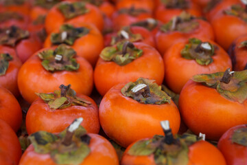 Background of ripe persimmons. Persimmon fruits are sold in the market. Persimmon is a delicious and healthy fruit. Fig persimmon close-up lies in rows.