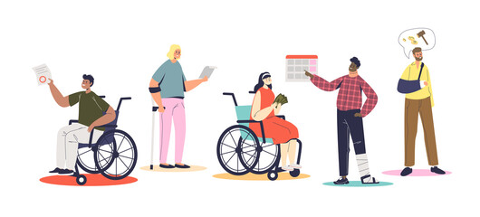 Disabled people waiting for disability allowance payments. Invalid men women and financial support