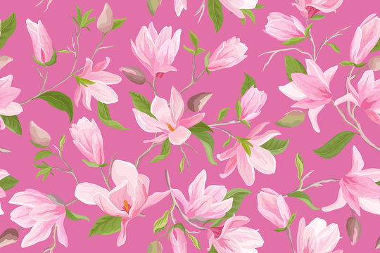 Watercolor magnolia floral seamless vector pattern. Magnolia flowers, leaves, petals, blossom background