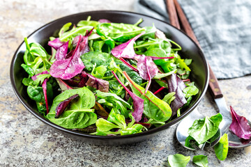 Salad bowl, healthy food. Fresh salad mix of baby spinach, arugula leaves, basil, chard and lambs...