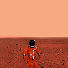 Astronaut walking on planet Mars. Mars travelling. The elements of this image furnished by NASA.