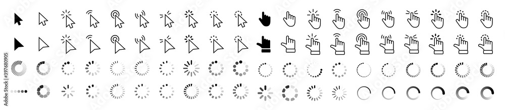 Poster Computer mouse click cursor gray arrow icons set and loading icons. Cursor icon. Vector illustration. Mouse click cursor collection.