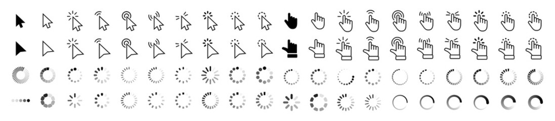 Computer mouse click cursor gray arrow icons set and loading icons. Cursor icon. Vector illustration. Mouse click cursor collection. - obrazy, fototapety, plakaty