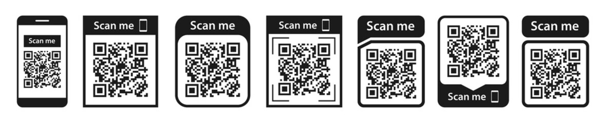 QR code set. Scan qr code icon. Template scan me Qr code for smartphone. QR code for mobile app, payment and phone. Vector illustration. - obrazy, fototapety, plakaty