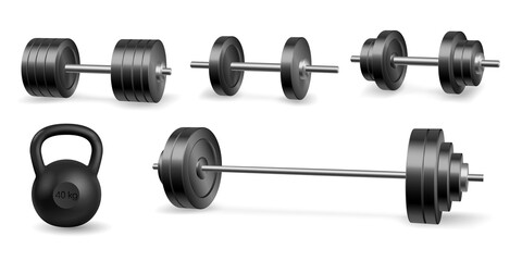 Dumbbells barbells and weight fitness and bodybuilding equipment realistic isolated