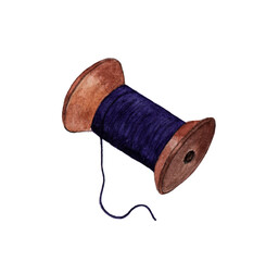 Watercolor illustration of a spool of purple thread on a white background. Sewing supplies