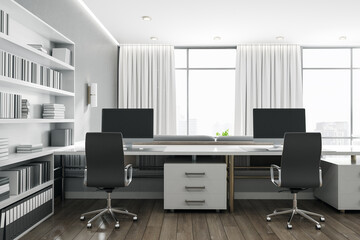 Fototapeta premium Contemporary coworking office with bookcase