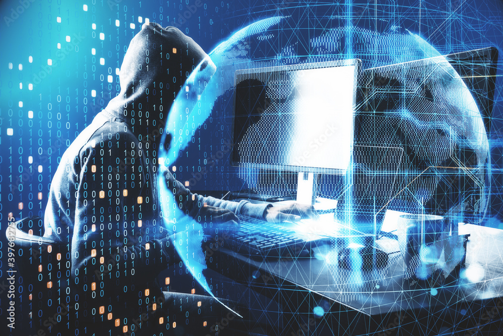 Poster Cyber attack in process with hacker using computer