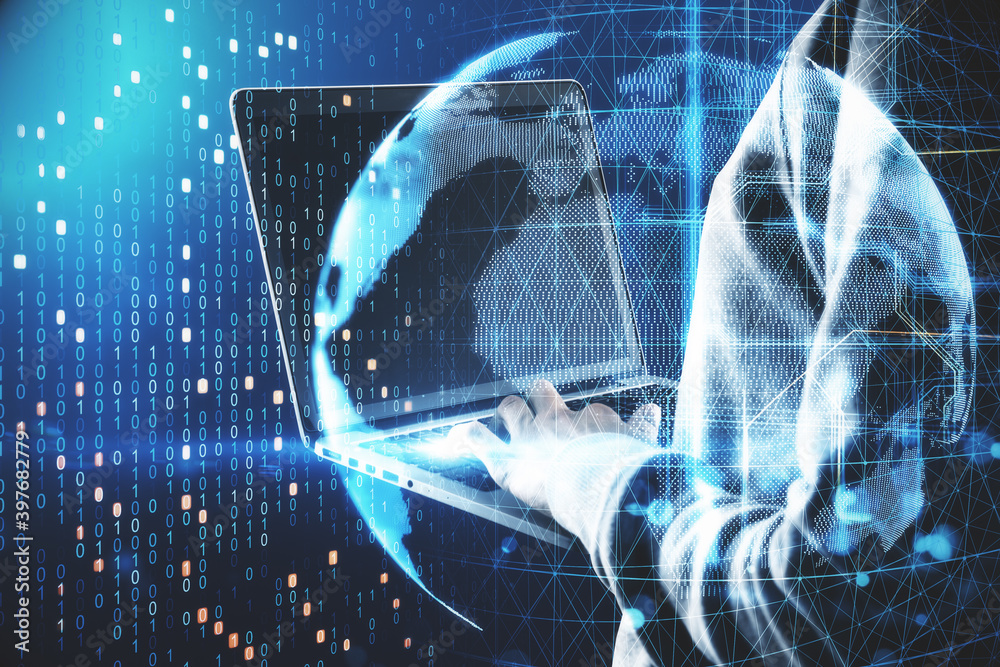 Aufkleber hacker using laptop at digital earth hologram.