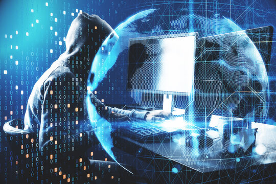 Cyber attack in process with hacker using computer