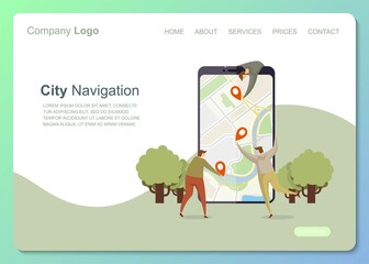 Characters people navigation flat in cartoon style. People character business navigation landing page. Social phone media web banner. Business Landing minimal concept, flat cartoon style illustration