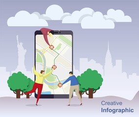 Characters people navigation flat in cartoon style. People character business navigation set. Social phone media web banner. Business trip. Landing minimal concept, flat cartoon style illustration