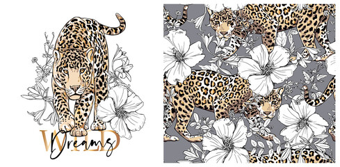 Set of print and seamless wallpaper pattern. Graceful leopard and exotic flowers, leaf and herbs. Wild Dreams - lettering quote. Textile composition, hand drawn style print. Vector illustration. - 397684354