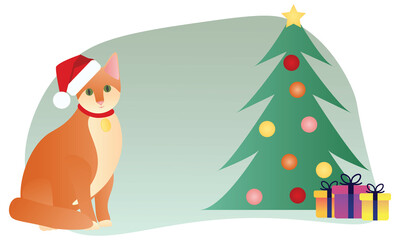 Cat wearing santa hat and Christmas tree with presents