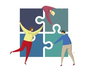 Business flat team building concept. Team puzzle metaphor. People connect puzzle elements. Flat illustration flat design simple style. Different races teamwork, heterosexual cooperation, partnership