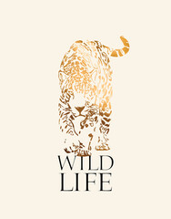 Graceful leopard. Wildlife - lettering quote. Gold Elegant poster, t-shirt composition, hand drawn style print. Vector illustration.