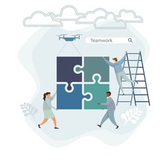 Character business team flat puzzle concept design. Business flat template. Flat character design. Isolated flat symbol. Abstract concept graphic element. Teamwork different races people concept