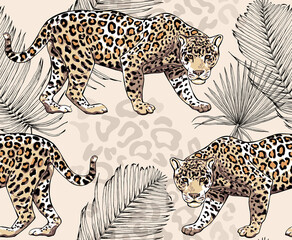 Seamless pattern with a different wild leopards, palm leaves and spots of skin on a beige background. Textile composition, hand drawn style print. Vector illustration. - 397684781