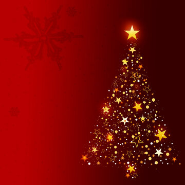 Christmas tree made of stars and sparkles on red background