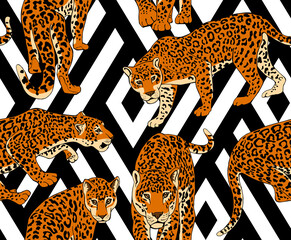 Naklejka premium Seamless pattern with a different wild Jaguars on a geometric background. Textile composition, hand drawn style print. Vector illustration.