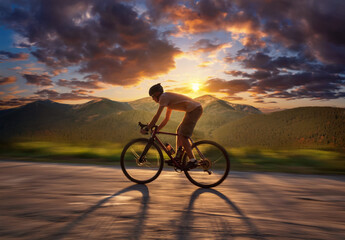 Obraz premium Cyclist riding on a mountain road at sunset. Beautiful landscape of man on bicycle riding on asphalt road at beautiful mountains background with dramatic sunset sky. Soft focus.
