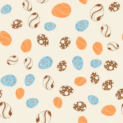 Fotobehang Seamless pattern with flat Easter eggs on a beige pastel background. Icons of colored and black and white eggs. Outline image. Element for design of festive products, banners, cards, wrapping paper.  © helen_tereshina