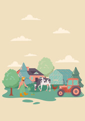 Caucasian farmer on the farm. Concept of happy village life with cow, chicken, trees, tractor and barn and greenhouse. Flat cartoon vector illustration