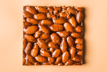 Caramelized almonds copy space, minimalism.