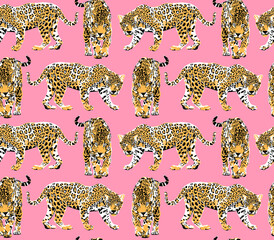 Seamless pattern with a different wild leopards on a pink background. Textile composition, hand drawn style print. Vector illustration.