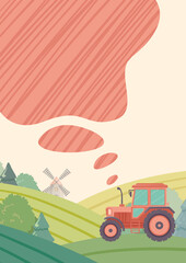 Tractor working in the field. Tractor drive through fields with smoke coming from exhaust pipe. Concept of calm life outdoors with fresh air on the farm. Flat cartoon vector llustration