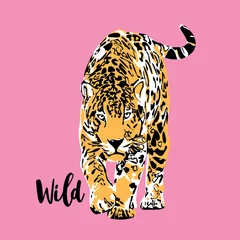 Foto op Plexiglas Graceful leopard on a pink background. Wild - lettering quote. Elegant poster, t-shirt composition, hand drawn style print. Vector illustration. © Afishka