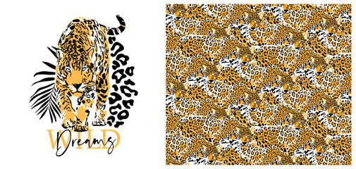 Set of print and seamless wallpaper pattern. Graceful leopard and exotic palm leaf. Wild Dreams - lettering quote. Textile composition, hand drawn style print. Vector illustration.