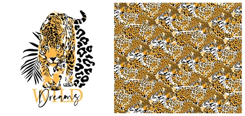 Foto op Plexiglas Set of print and seamless wallpaper pattern. Graceful leopard and exotic palm leaf. Wild Dreams - lettering quote. Textile composition, hand drawn style print. Vector illustration. © Afishka