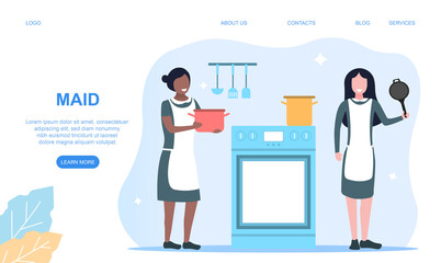 Two multiracial maids in a classic uniform cleaning house or hotel. Concept of online cleaning service that makes your apartment clean and fresh. Website, web page, landing page template
