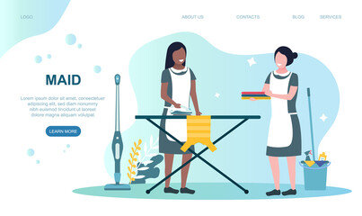 Two multiracial maids ironing clothes. Female characters in uniforms cleaning house or hotel. Concept of cleaning service making apartment clean and fresh. Website, web page, landing page template