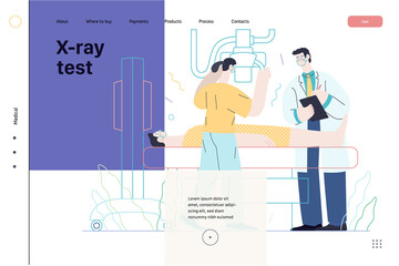 Medical tests template - x-ray test - modern flat vector concept digital illustration of x-ray procedure - a patient and doctors with a x-ray machine, medical office or laboratory