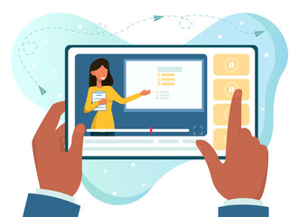 Hands holding tablet with online training. Concept of watching online lesson or training right on your mobile device. Flat cartoon vector illustration
